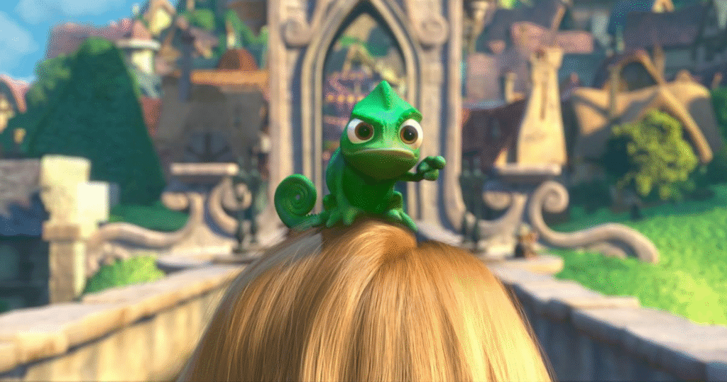 Pascal perched on Rapunzel's head, pointing at Flynn as if to tell him to behave.