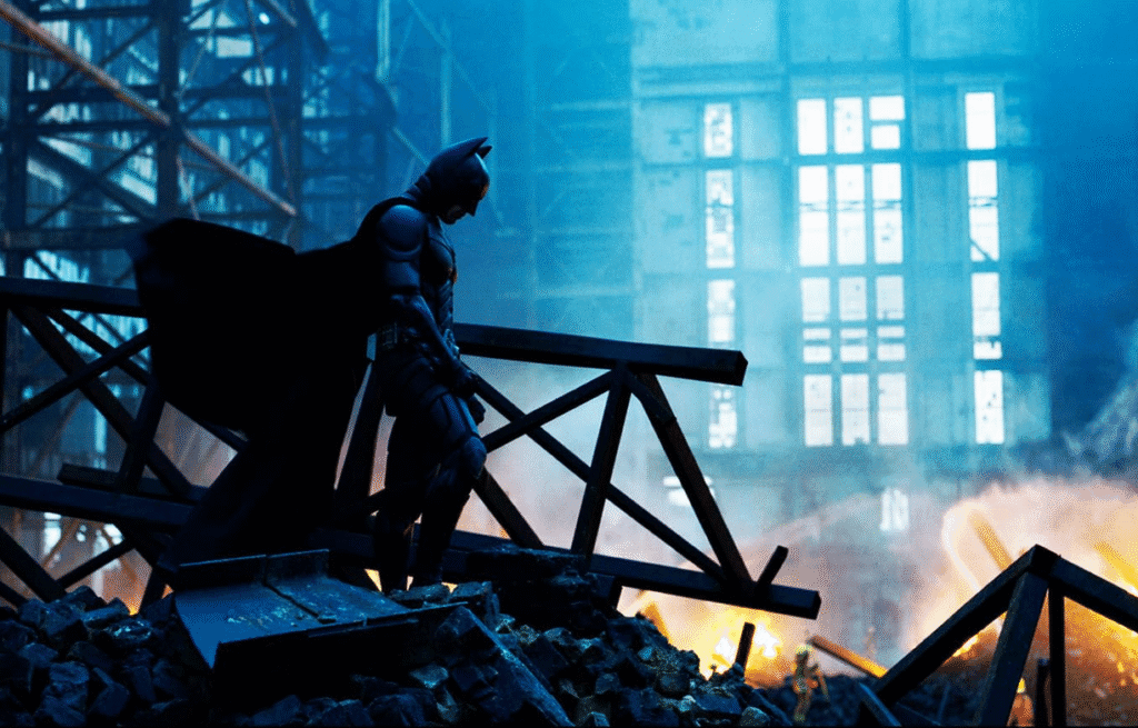 Batman standing in rubble.